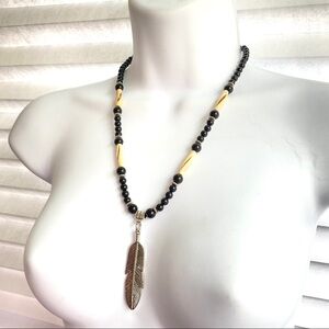 Black Glass Beads Bovine Silver Tone Feather Necklace